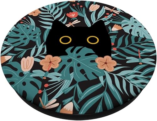 Miniatura 2 de Gato negro en flores botánicas patrón floral verde lindo gato PopSockets estándar PopGrip