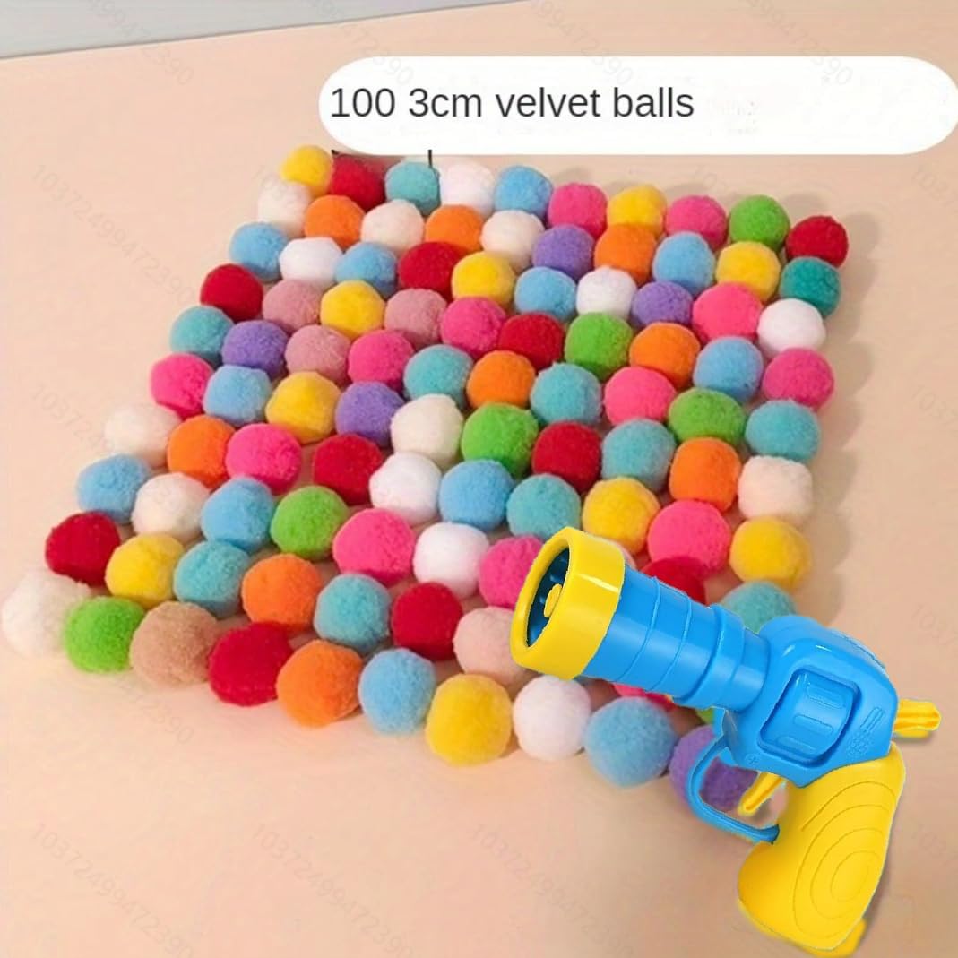 Plush Ball Shoot Gun Cat GiftsCat Toy Ball Gun Launcher, 1Cat Toy Launchers & 100 Cat Pom Pom Balls,Launch Ball Interactive Toy,Silent Plush Elastic Ball for Kitty，Kitten Toys for Indoor image 2