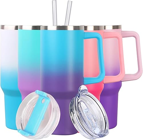 Vaso de 40 onzas con asa y popote, vaso aislado de acero inoxidable con tapa a prueba de fugas y tapa con popote, botella de agua reutilizable, taza