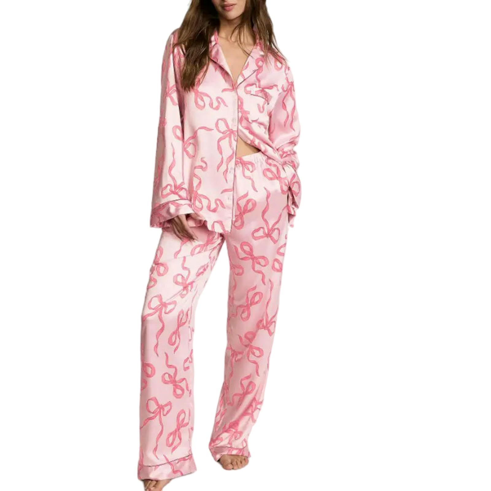 Pigiama in Raso da Donna 2 Pezzi Set A Maniche Lunghe con Risvolto al Collo Camicia Stampa Fiocco Stella Top + Pantaloni Vita Elastica Sleepwear-6-l