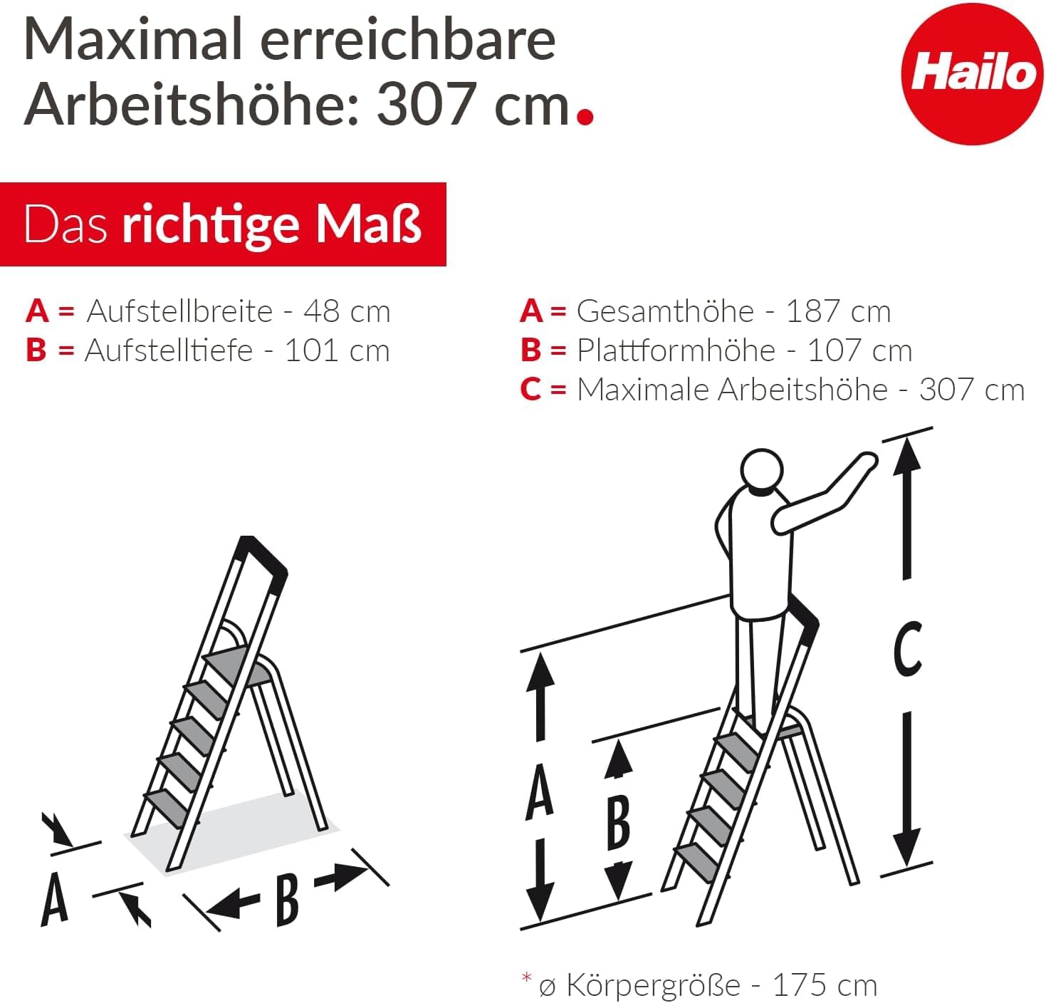 Hailo L100 Topline Alu-Sicherheits-Stehleiter 5 XXL-Stufen 150 kg klappbare Aluleiter Made in Germany