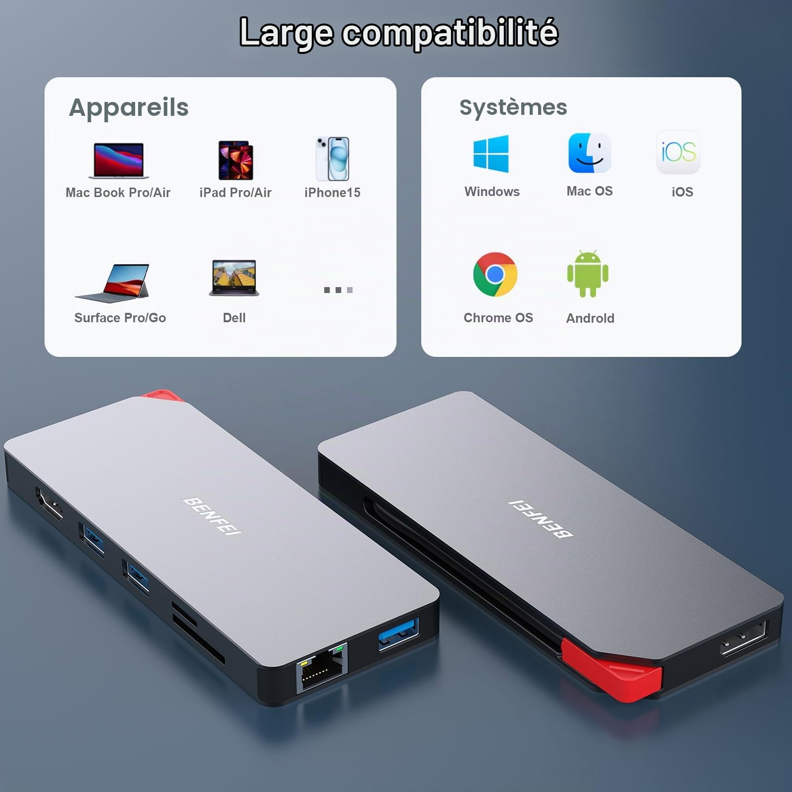 BENFEI Station d'accueil 9 en 1, Docking Station Hub USB C MST vers HDMI DisplayPort Double Moniteur/3 xUSB Type-A/1 xUSB Type-C (10 Gbit/s+100W PD)/Lecteur de Carte SD/TF/1xRJ45 avec MacBook Pro/Air