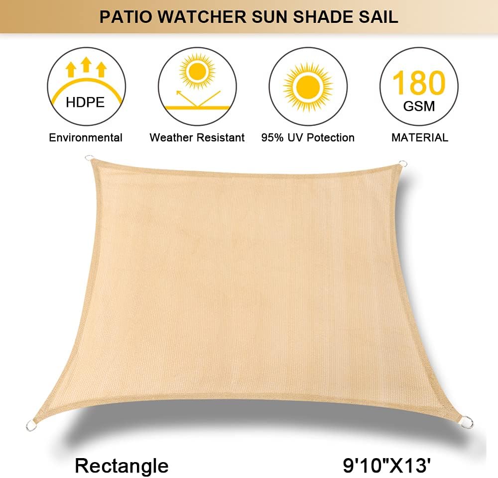 Patio Watcher 9'10" x 13' Rectangle Sun Shade Sail Fabric UV Block Awning Canopy Cover Durable for Outdoor Carport Pergola Backyard Lawn Deck Garden, Commercial Heavy Duty 180GSM HDPE, Sand