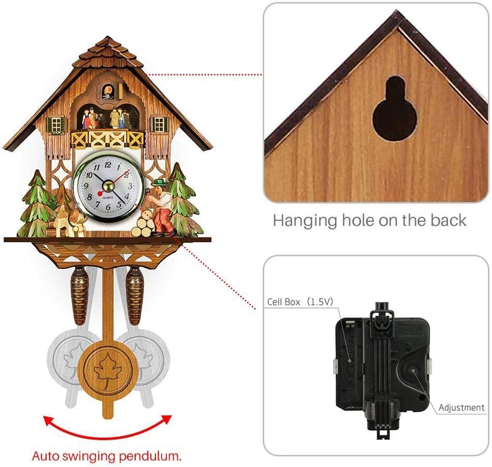 Cuckoo Clock Antique Wooden Cuckoo Birdhouse Wall Clock Home Decor Hanging Cuckoo Clock Auto Swing Pendulum Home Decor (CM001)