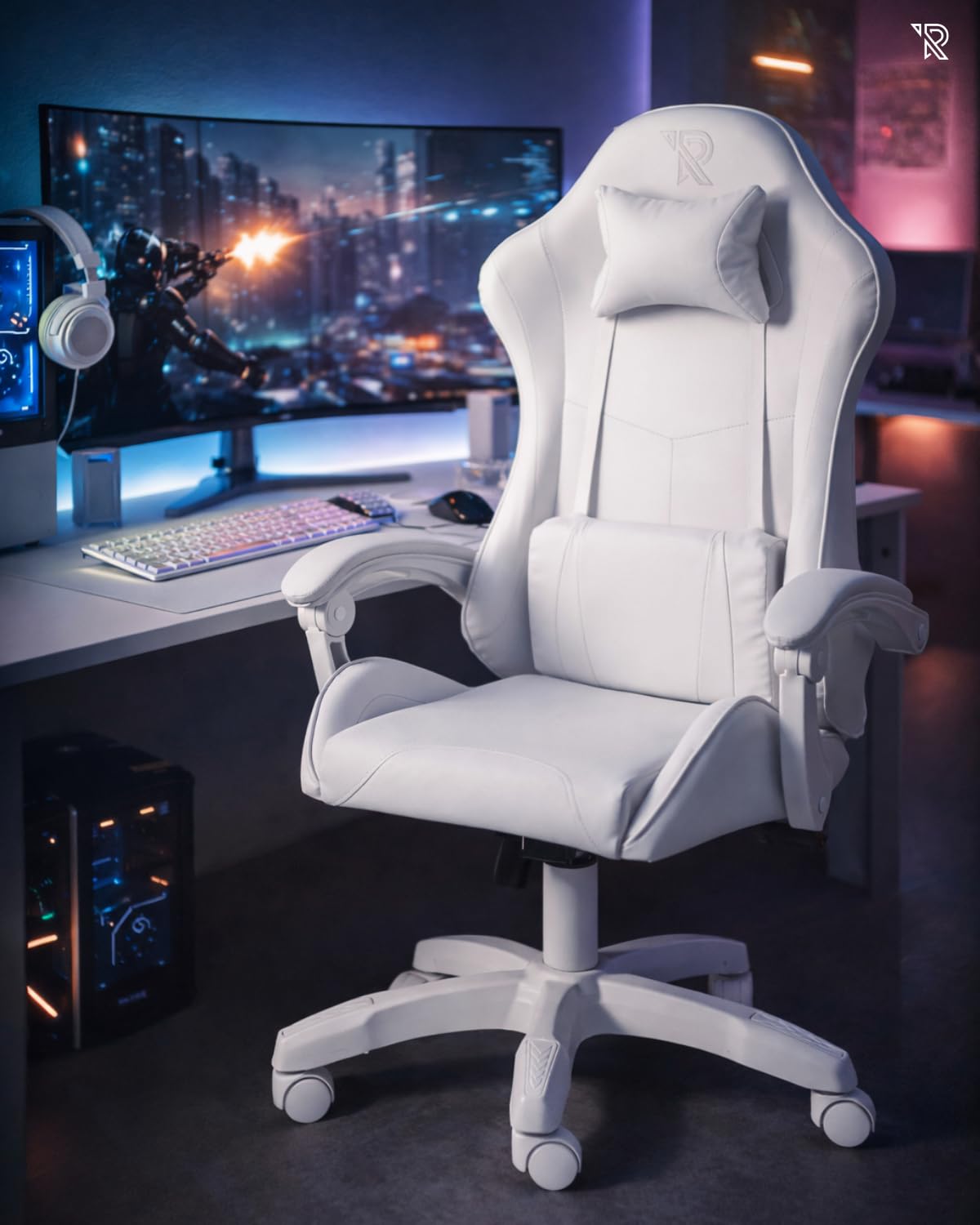 Apollo Chaise Gaming Ergonomique Similicuir Noir avec Dossier Réglable 90-135°, Accoudoirs, Soutiens Lombaire et Cervical, Pivotement 360°, Confort Durable et Abordable, Blanc