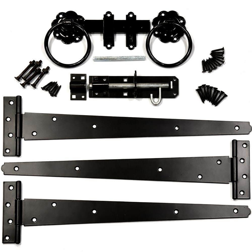 SCORPIO HARDWARE Ring Gate Latch Heavy Duty Black 10" Tee Hinges, 6" Ring Gate Latch, 6" Brenton Padbolt Complete with Fixings for Hanging Wooden Garden Gate