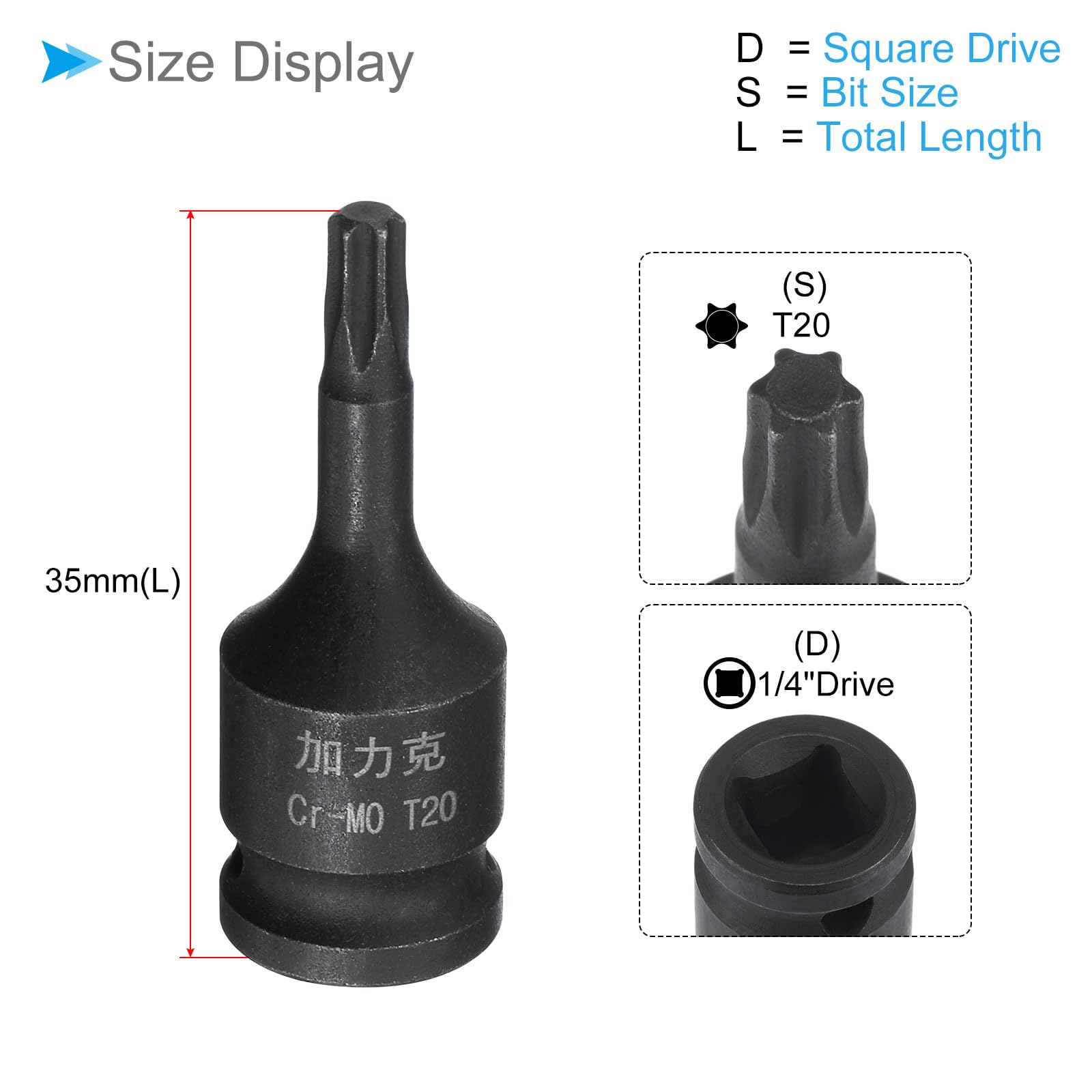 CoCud Impact Torx Bit Socket, T20 1/4" Square Drive 35mm Length, CR-MO Chamfer Design Pin Hole 6 Point Star Socket Bit - Image 2