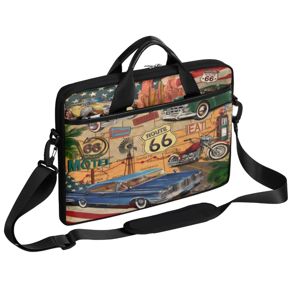 Vintage Route 66 Theme Laptop Shoulder Bag for Men Women Slim Briefcase Messenger Bag Waterproof 14 Inch 15 Inch Laptop Bag Carrying Case Fit 14-15.6