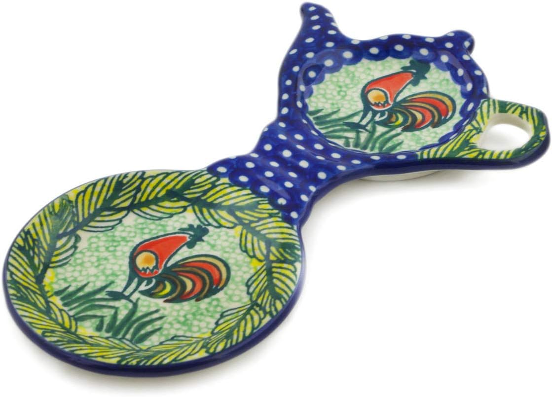 Polmedia Polish Pottery Tea Bag or Lemon Plate UNIKAT - Rooster Parade Pattern Handmade in Boleslawiec Poland by Ceramika Artystyczna + Certificate of Authenticity