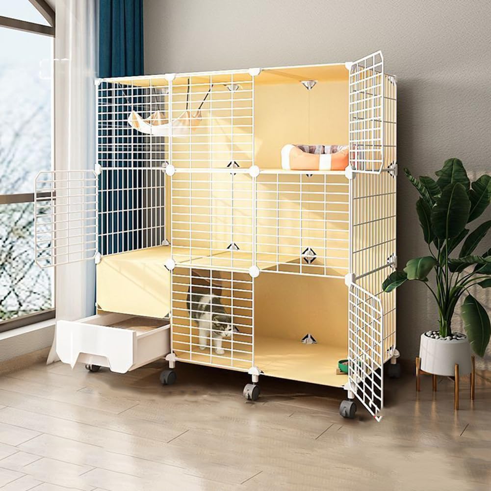 Gabbia per gatti a 2 livelli con lettiera, gabbia da interno in filo metallico per 1-2 gatti, furetti, conigli, piccoli animali, grande, 112 x 107 x 47 cm
