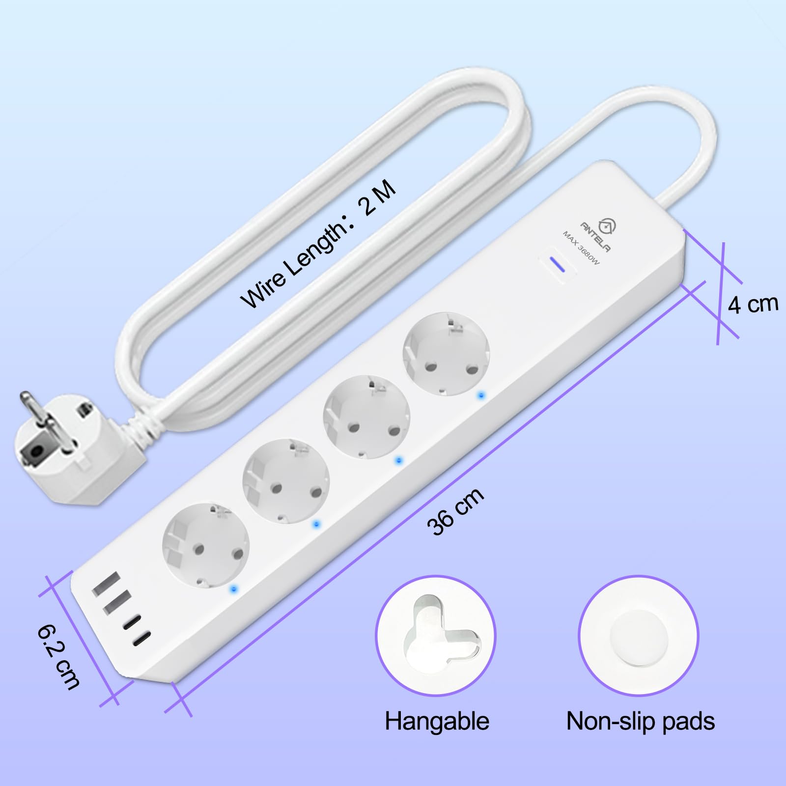 ANTELA Multiprise Connectée WiFi 16A 4 Prises 2 USB A/2 Type-C | Prise Intelligente Mesure de Consommation Électrique, Compatible avec Alexa/Google Home, Smart Life APP, Fonction de Temps