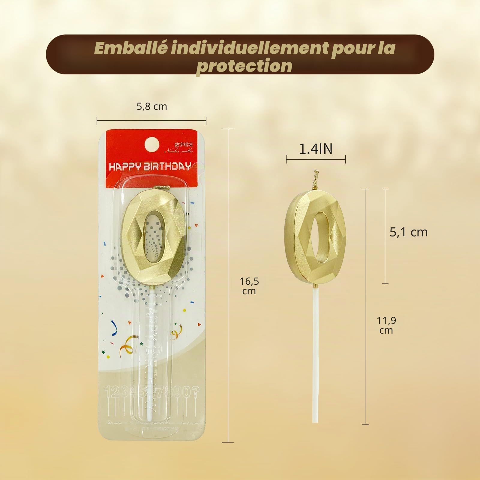 Bougies d'anniversaire Chiffres 3D Bougie Numéro 10 Dorées pour Gâteau