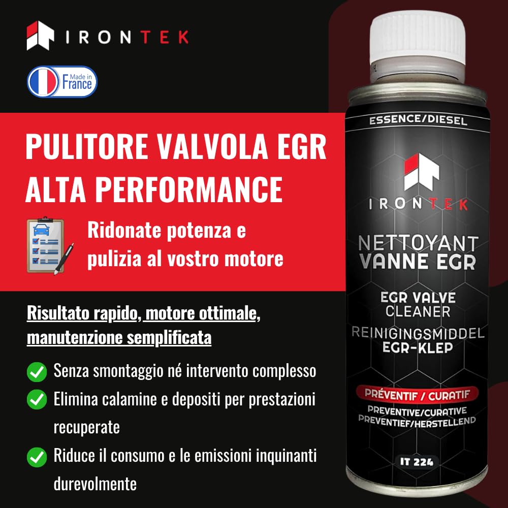 IRONTEK Pulitore Valvola EGR Diesel e Benzina 300ml | IT224 | Senza Smontaggio | Elimina Calamine e Depositi | Uso Preventivo e Curativo