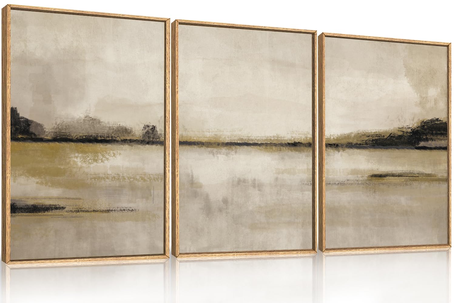KAIRNE Neutral Abstrcat Landscape Framed Canvas Wall Art Set-16"x24"x3 | Vintage Mountain Lake Wall Decor,Retro Tan Scenery Art Prints,Nature Minimalist Artwork for Living Room,Bedroom,Office
