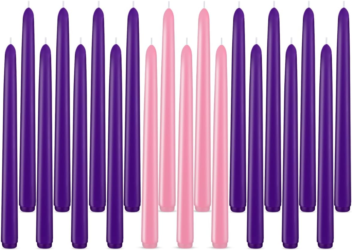 Christmas Advent Candles Set, 15 Purple and 5 Pink Taper Candles, 10" Unscented Candlesticks for Seasonal Celebrations
