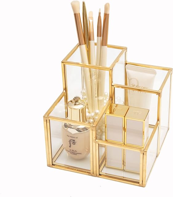 HARLIANGXY Makeup Brush Holder, Glass and Metal Makeup Brush Holder, Cosmetic Organiser, Makeup Storage, Pen Holder, Cosmetic Brush Storage, for Dresser, Desk, Gold