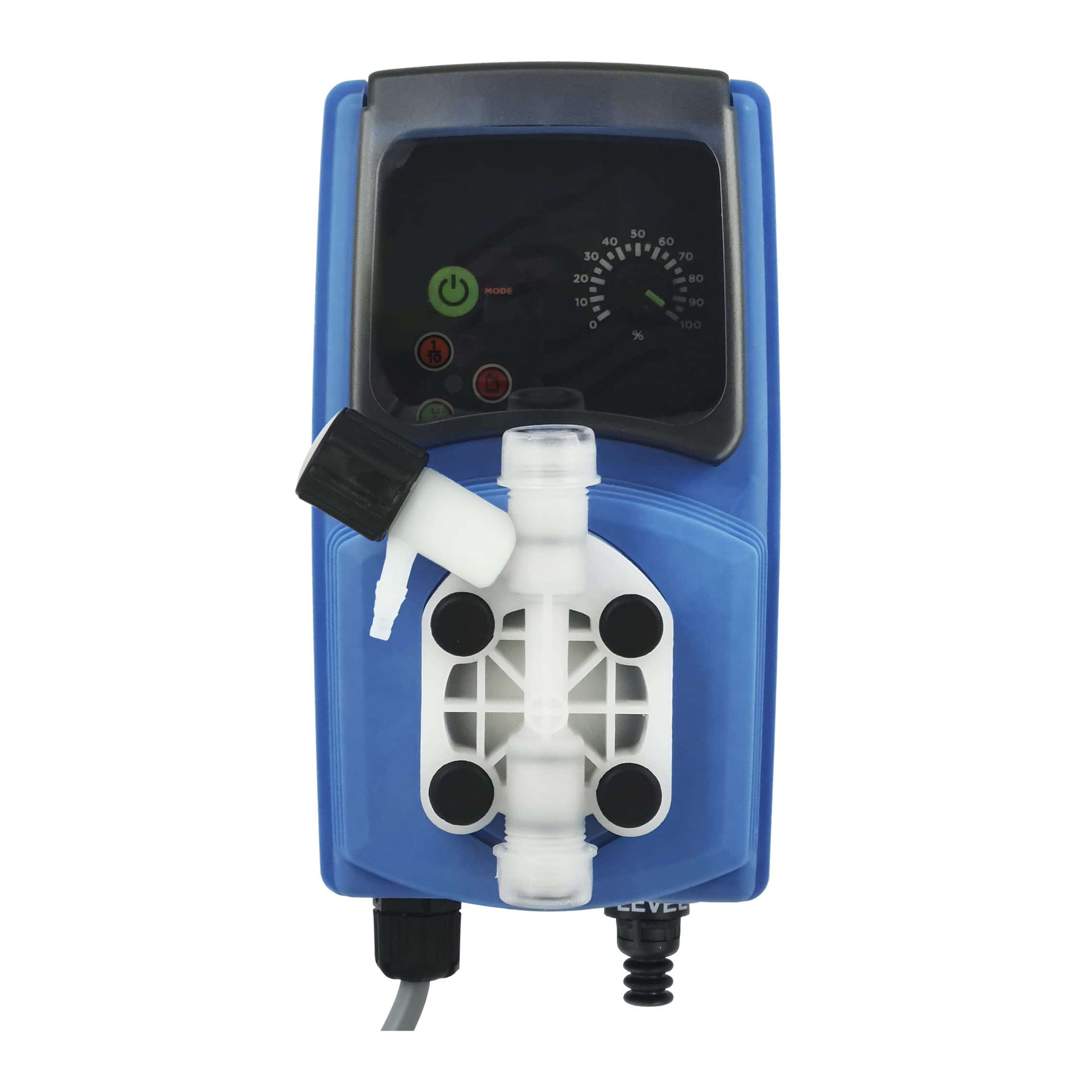 Bomba dosificadora de impulsos electromagnética de membrana con sonda de nivel, caudal constante. Hasta 6 L/H. 7 Bares de presión. Para su uso en piscinas, saunas, autolavados.