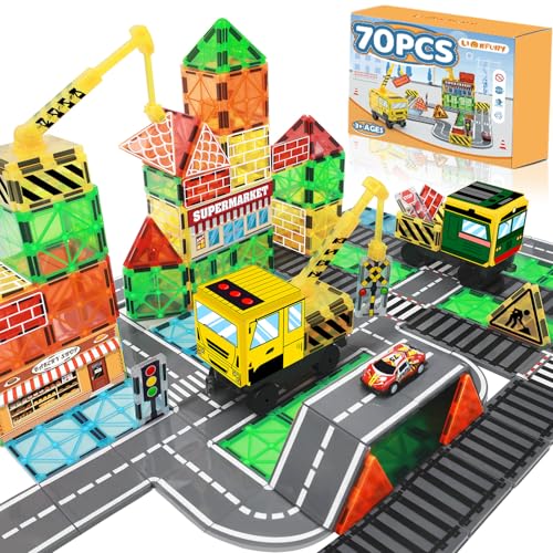 LionFuny 70Pcs Magnetic Tiles Magnetic Building Blocks, Building Toys for Kids Ages 3-5 4-8 8-12 Toddlers STEM Preschool Toy Boys Toys, City Construction Toys Set with 2 Cranes Train Tracks Road Car