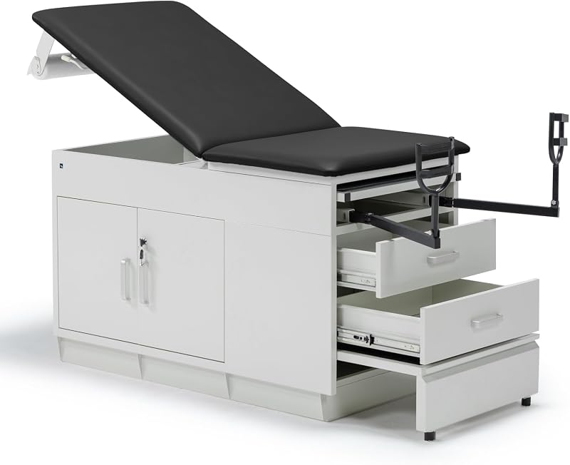 Mesa de examen médico, cama de examen ajustable con taburete, gabinete de acero, estribos y dispensador de papel incluidos, 72" de largo x 31" de alto x 28" de ancho (negro)