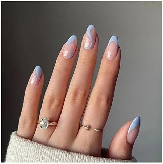 24pcs Almond Head Fake Nails French Line Design Full Coverage Press On Nails DIY Manicure(Y1)