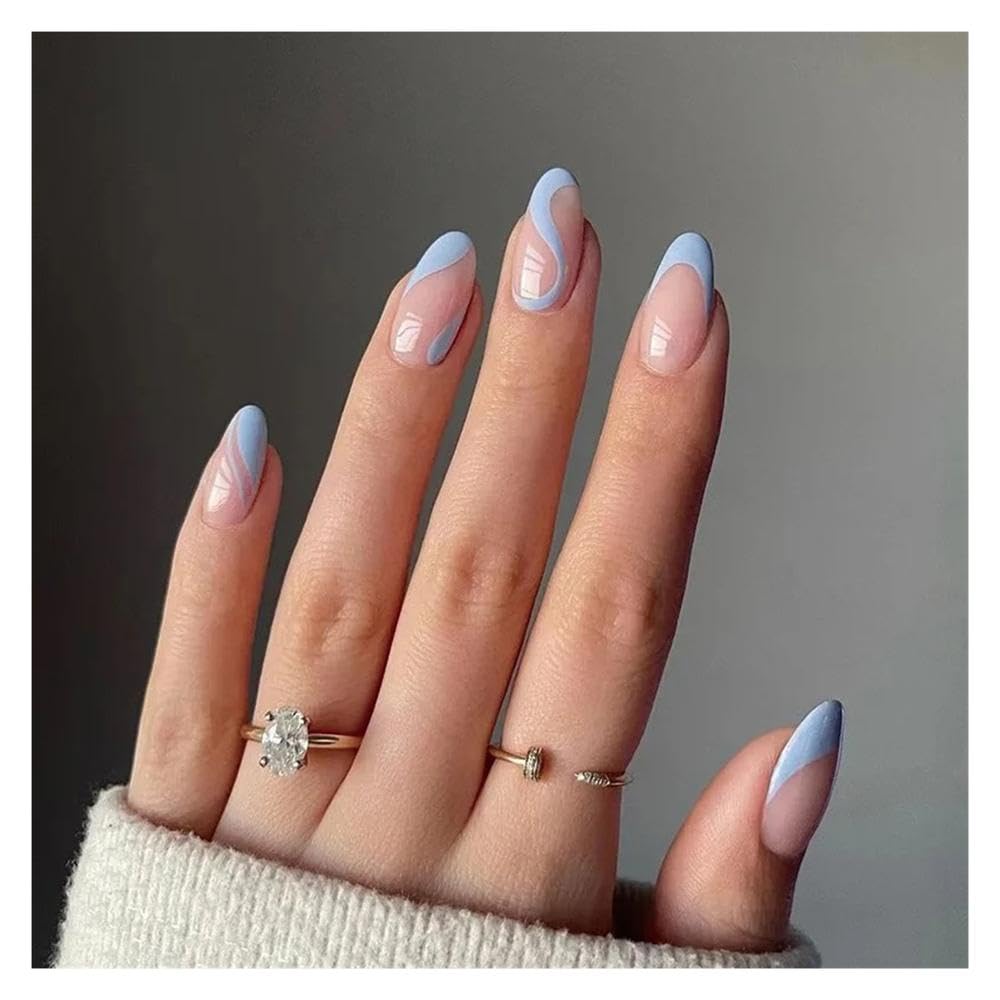 24pcs Almond Head Fake Nails French Line Design Full Coverage Press On Nails Manicure Decorations(Y1)