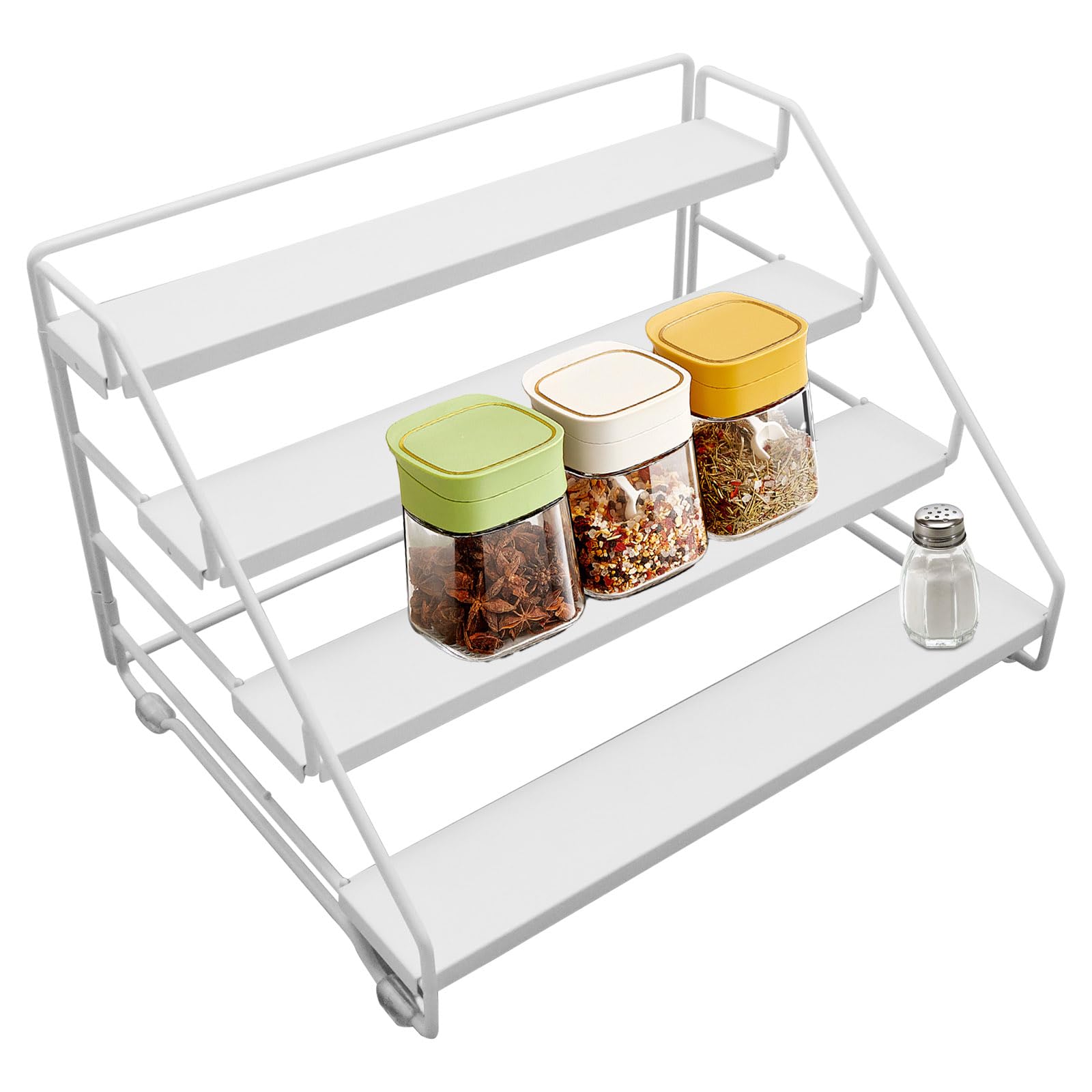 Ollanoos 4-Tier Spice Rack for Kitchen Countertop, Adjustable Depth Spice Organizer for Cupboard and Pantry, Detachable Metal Shelf Holder (Jars Not Included) (White)