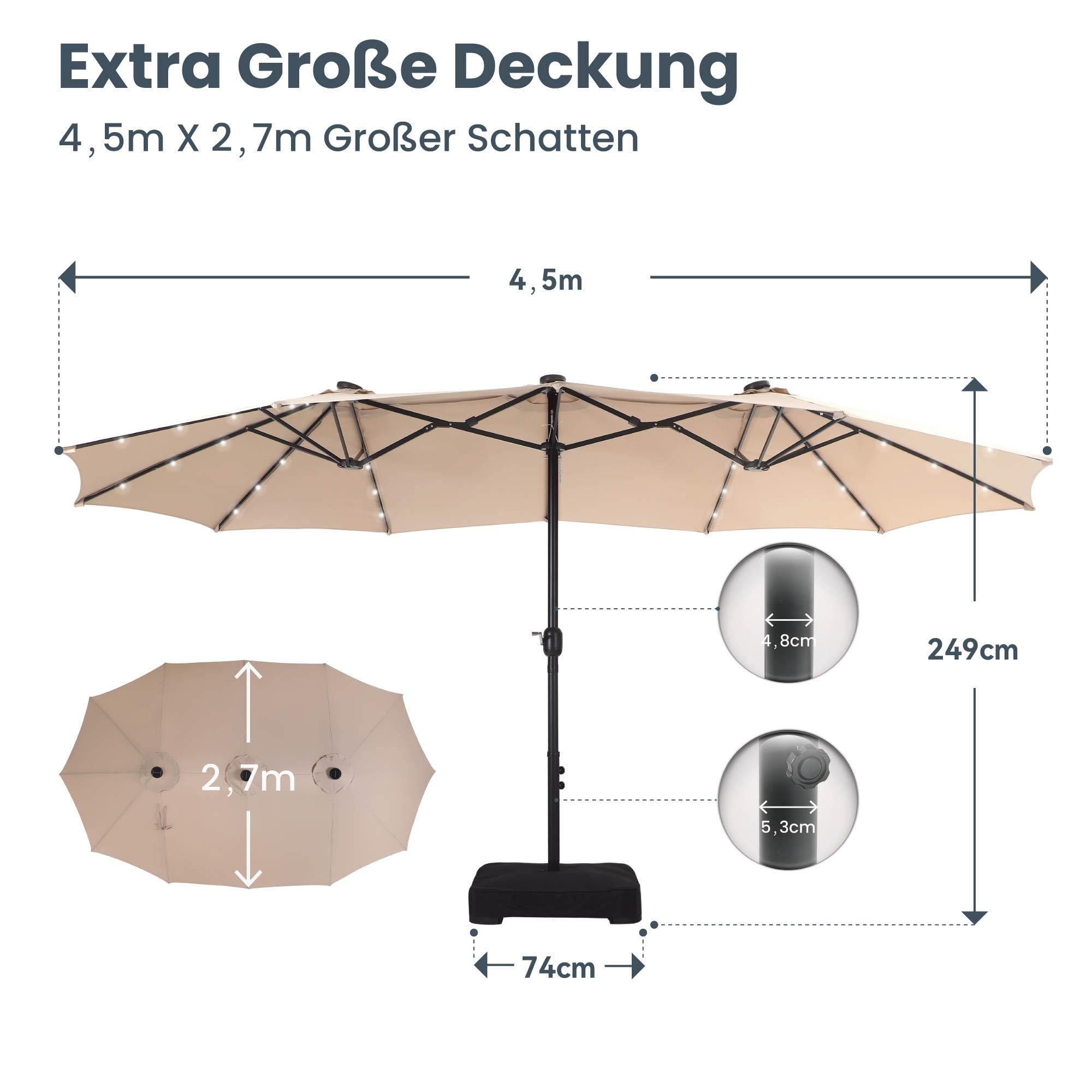 PHI VILLA Sonnenschirm Rechteckig mit Ständer Groß 270x450cm für Garten Terrasse Gartenschirm mit Kurbel UV Schutz Parasol Windfest