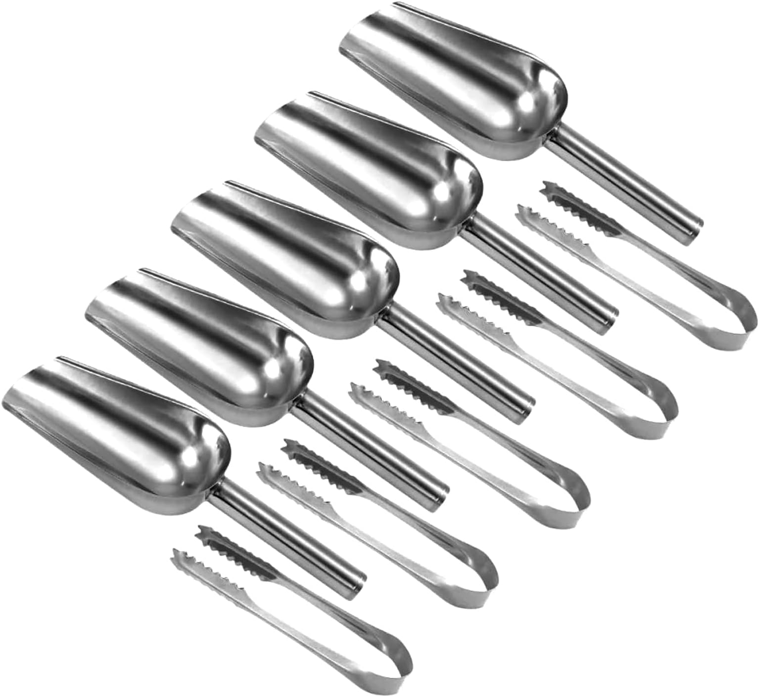 Ice Scoop Tongs Set, 5pcs Sweet Tongs and 5pcs Ice Scooper for Pick and Mix, Stainless Steel Food Scoop Serving Tongs Small for Bar Ice Bucket Kitchen Wedding Party Buffet Supermarket