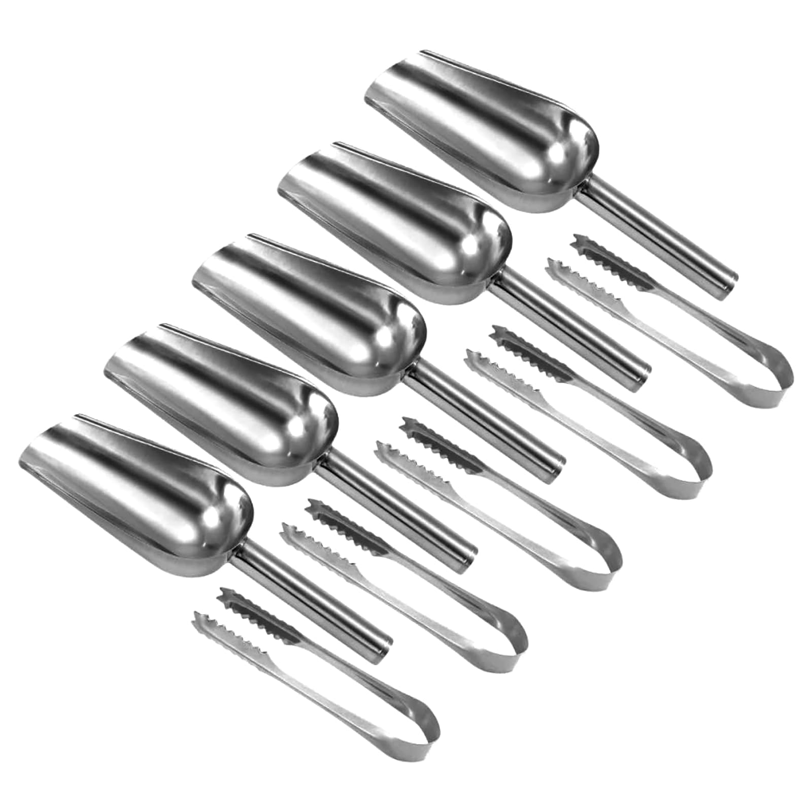 Ice Scoop Tongs Set, 5pcs Sweet Tongs and 5pcs Ice Scooper for Pick and Mix, Stainless Steel Food Scoop Serving Tongs Small for Bar Ice Bucket Kitchen Wedding Party Buffet Supermarket