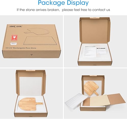 Miniatura 6 de Unicook Piedra para pizza de 15 x 12 pulgadas, incluye cáscara de madera para pizza, piedra rectangular para horno y parrilla, piedra de cocción de