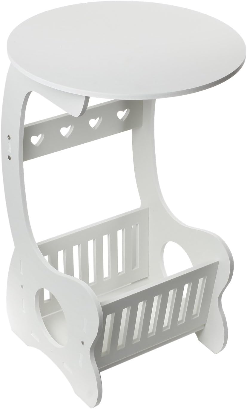 ESYNIC Round Side End Lamp Coffee Table Magzine Holder Rack Bedroom with a Free 2 in 1 Mini Screwdriver For Home and Office-White