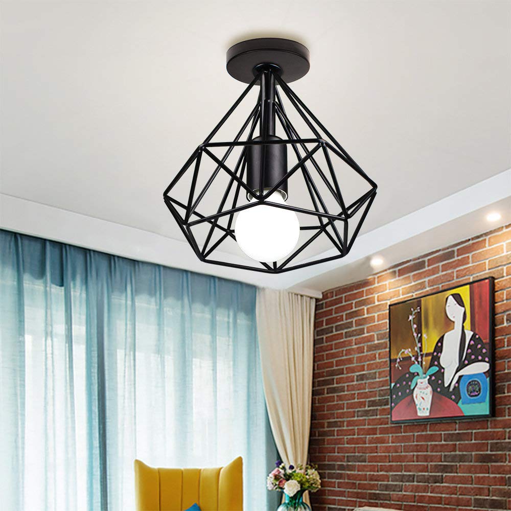 iDEGU 2 pack Plafonniers Rétro Industriel Ø20cm Luminaire Abat-jour en Metal Design Cage Diamant Lustre Lampes de Plafond pour Chambre Salon Couloir Cuisine, Noir