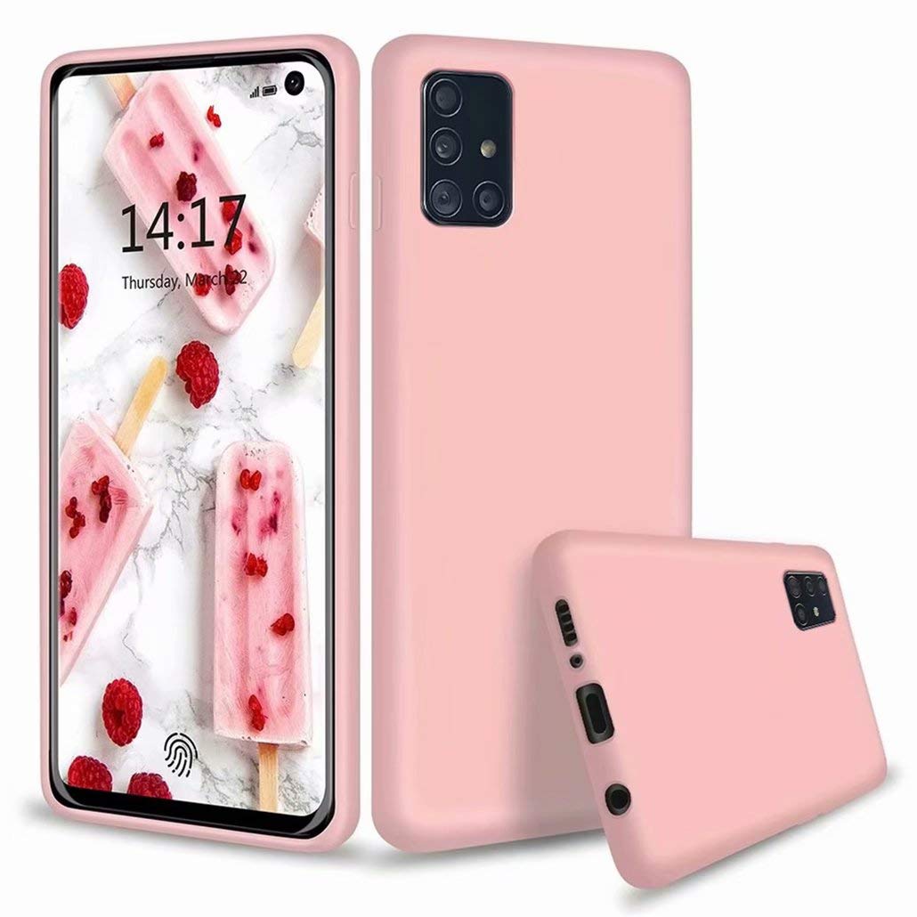 CRABOT Compatible with Samsung Galaxy A51 Liquid Silicone Phone Case Gel Rubber Shockproof Cover Soft Anti-Fall Scratch-Resistant Phone shell+1*(Free Screen Protector)-Pink