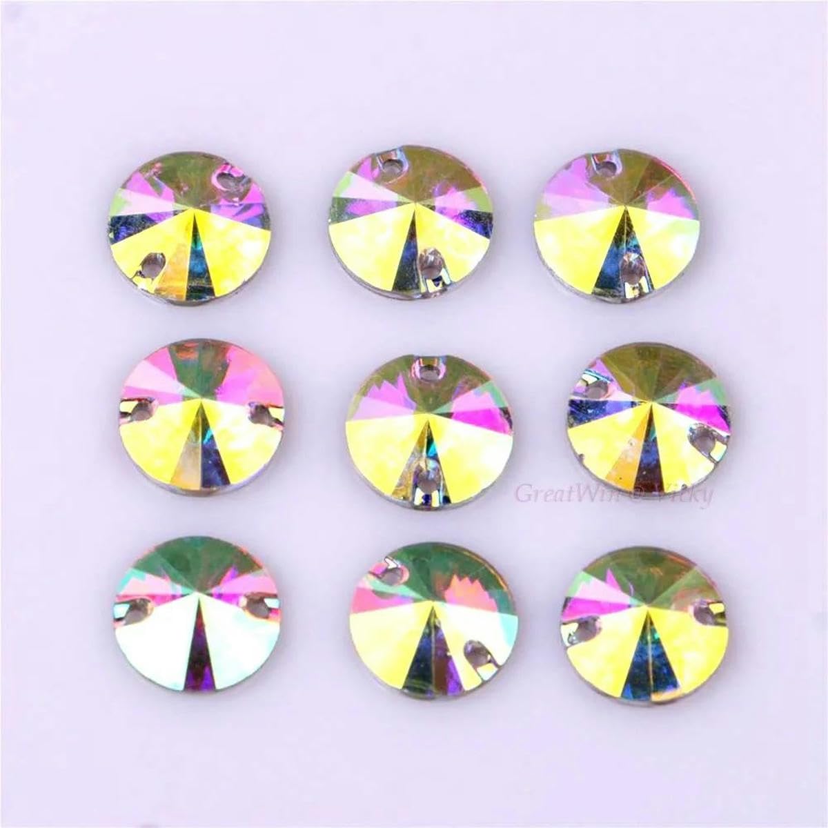 10 mm bis 22 mm Strasssteine zum Aufnähen aus Kunstharz, runde Form, AB-Farbe, flache Rückseite, Strasssteine mit 2 Löchern für Kleidung, Kleider, Kleidungsstücke, 16 mm, 20 Stück, 10 Packungen
