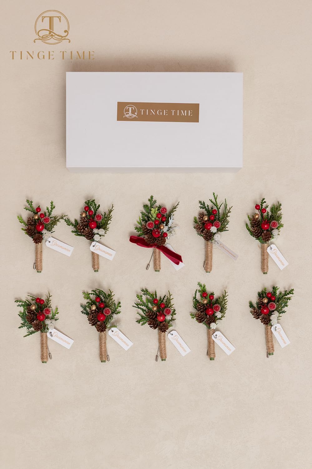 TINGE TIME Boutonniere for Men, Groom and Best Man Boutonniere for Wedding Ceremony Anniversary, Formal Dinner Party and Rustic Xmas Wedding Marriage (Christmas Red) - Image 6