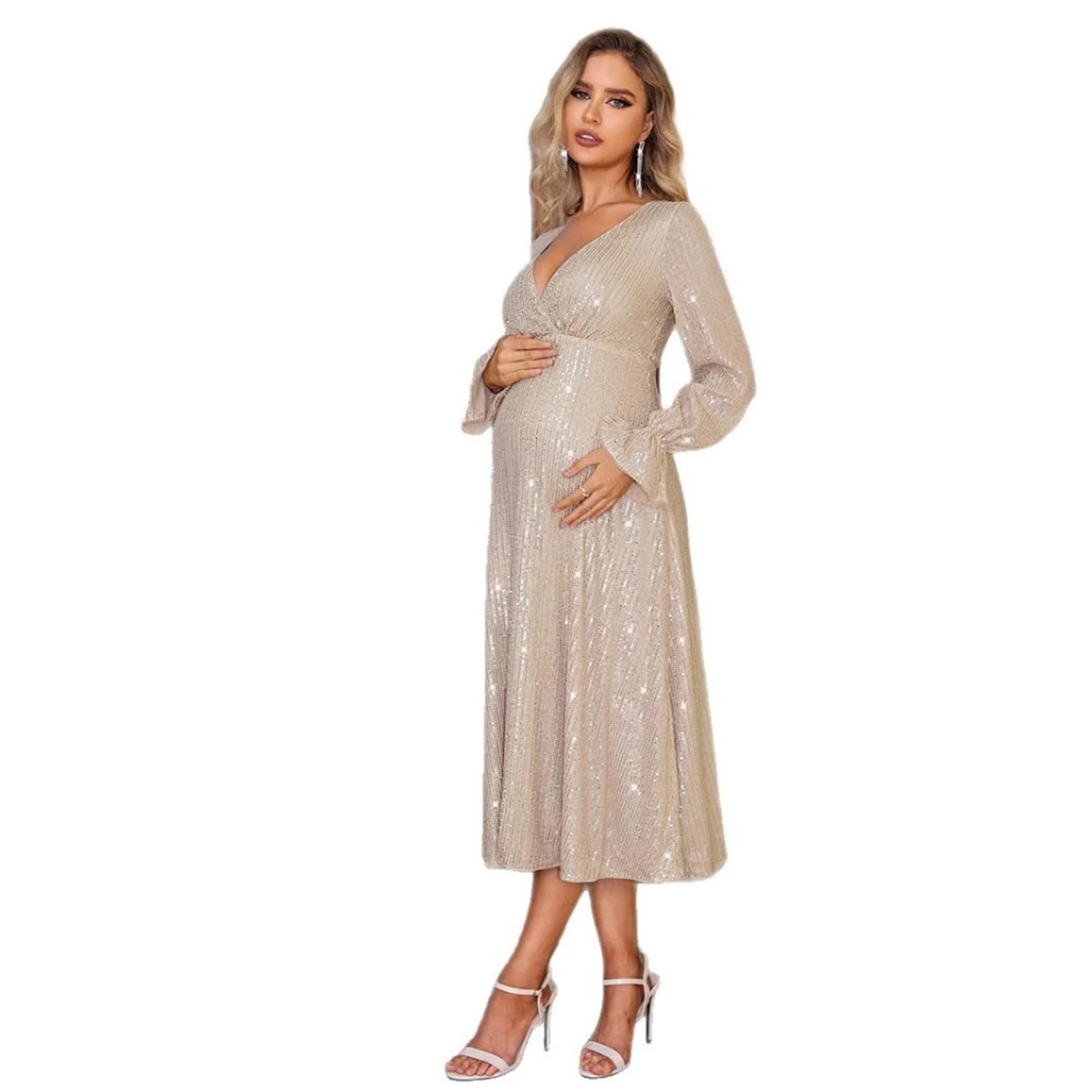 Robe Grossesse Robe de maternité for Femme Enceinte, Manches Longues, Paillettes, col en V, Robe trapèze élégante