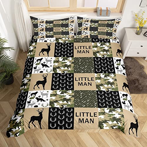Manfei Deer Antlers Animals Silhouette Duvet Cover Set Full,Camo Geometric Checks Bedding 3pcs for Kids Adults Room Decor,Nordic Boho Arrow Comforter Cover,Vintage Green Quilt with 2 Pillowcases
