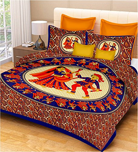 Image of RajasthaniKart Comfort Rajasthani Jaipuri Traditional Sanganeri Print 144 TC Cotton Double Bedsheet with 2 Pillow Covers - King, Round Dandiya (Blue, Double)