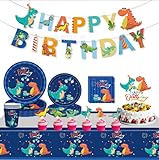 CANCJ Dinosaurier Partygeschirr Set,50-teiliges Dino Geschirr mit Tassenn und Servietten für 10 Gäste Geburtstag Deko Jungen & Mädchen Kindergeburtstag