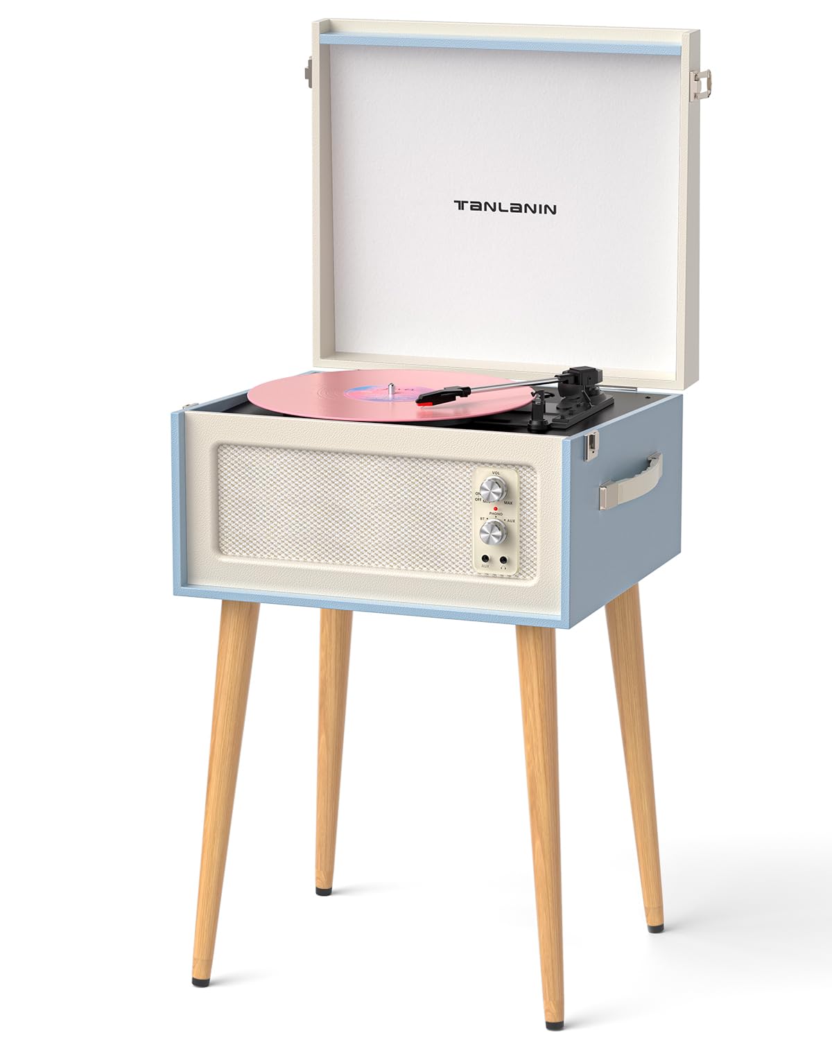 Record Player with Stand, 4 Speakers, Bluetooth Turntable, Blue