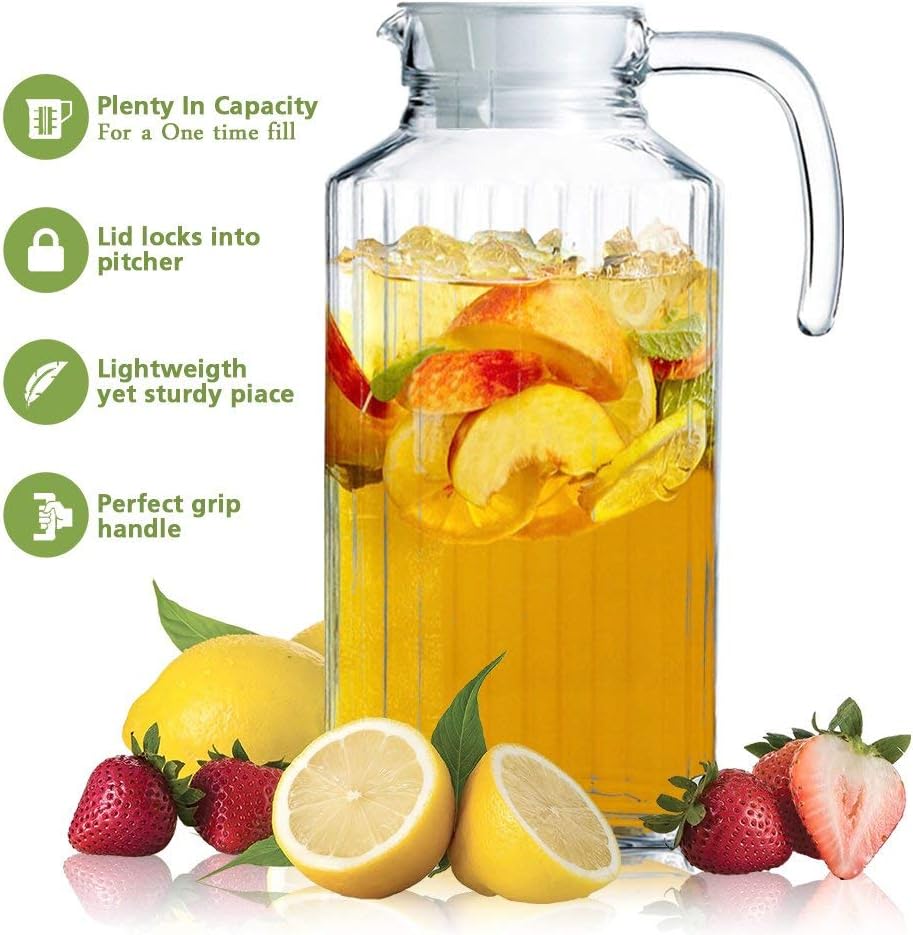 Glass Ware Ribbed Pitcher With Lid And Handle, Up To 60oz.Each- Sleek And Elegant, For Milk, Iced Tea, Juices, Water etc. 1.8 L. (Lid is White) (1) - Image 2