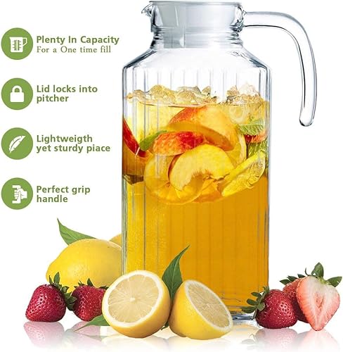Miniatura 2 de Glass Ware - Jarra acanalada con tapa y asa, hasta 60 oz.Cada uno elegante y elegante, para leche, té helado, jugos, agua, etc. 1.8 L. (tapa es