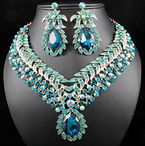 Janefashions Vine Leaves Austrian Rhinestone Crystal Necklace Earrings Set Bridal Teal N812T #TOP1