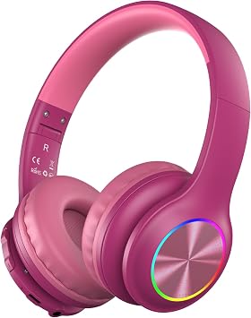 Candy Bila Kids Bluetooth 6.0 Headphones with LED Light, 85Hours Playtimes, Type-C Fast Charging, 85/94dB Volume Limited, Comfort Wireless Headphones with Built-in Mic, Wired & TF Card Mode, Hot Red