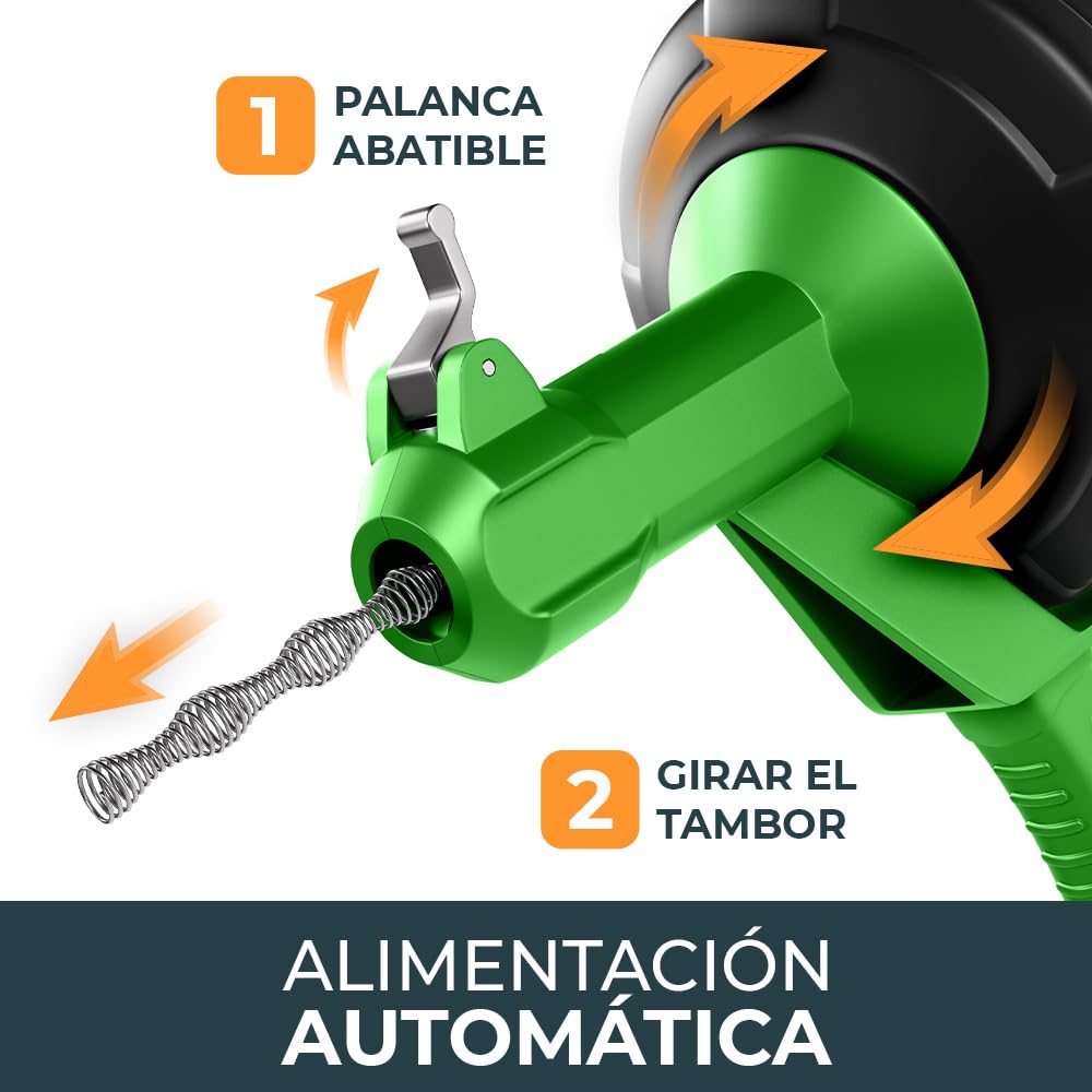 Meisterfaktur Desatascador Tuberias [7,5M] - Función Automática - Espiral para Desatascar Tuberias Automática - ¡Espiral Limpiador de Desagües y de Tuberías para Aficionados al Bricolaje!