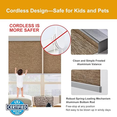 Persilux Free-Stop Cordless Roller Shades Light Filtering Roller Blinds For Windows (Brown 23" W X 72" H) Natural Woven Fabric Thermal Insulation Privacy Roller Window Shades For Home, Office, Door #TOP3