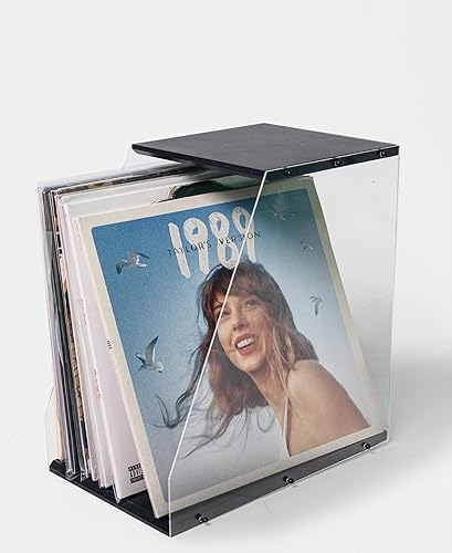 Estante de almacenamiento de discos de vinilo, más de 40 LPs, organizador de exhibición de álbumes de vinilo de madera con tablero acrílico, montaje