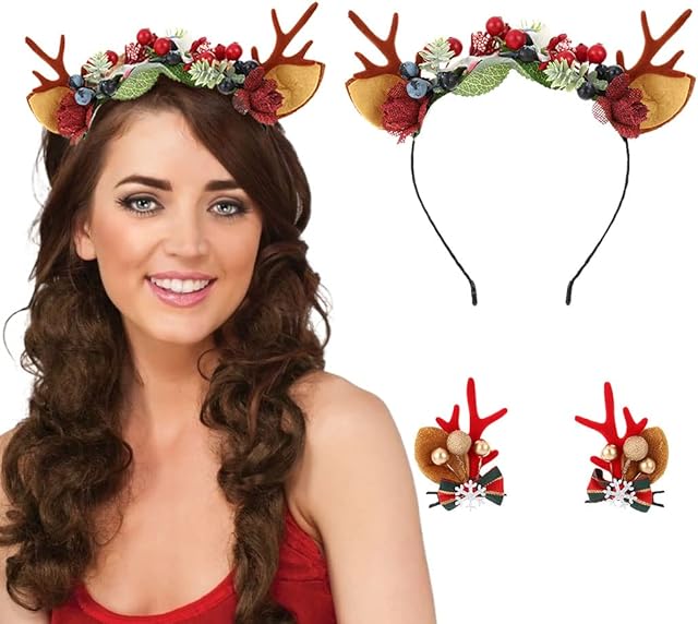 IYOU Christmas Headbands Hair Clips Red Reindeer Antlers Hair Band Flower Dear Ear Hair Accessories for Party Halloween Cosplay