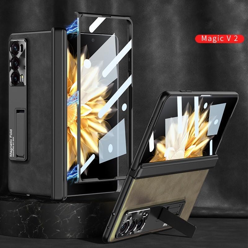 Compatible with Huawei Honor Magic V2 Case, Full Body Protective Case with Kickstand Built-in Screen Cover, Non-Slip PU Leather Case, Compatible with Honor Magic V2 (Gray)