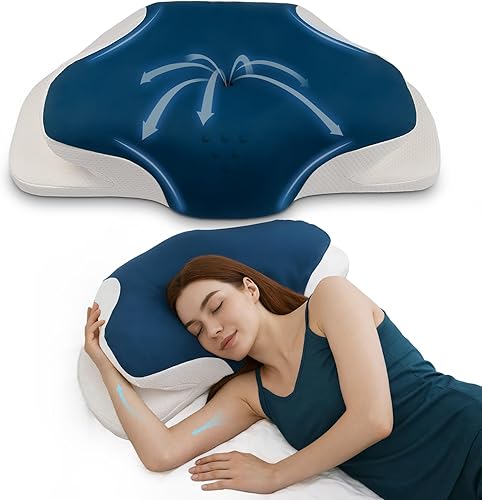Cervical Neck Support Pillow for Sleeping, Two Heights Memory Foam Ergonomic Contour Pillow, Side Sleeper Pillow for Neck and Shoulder Pain Relief (Blue& White)